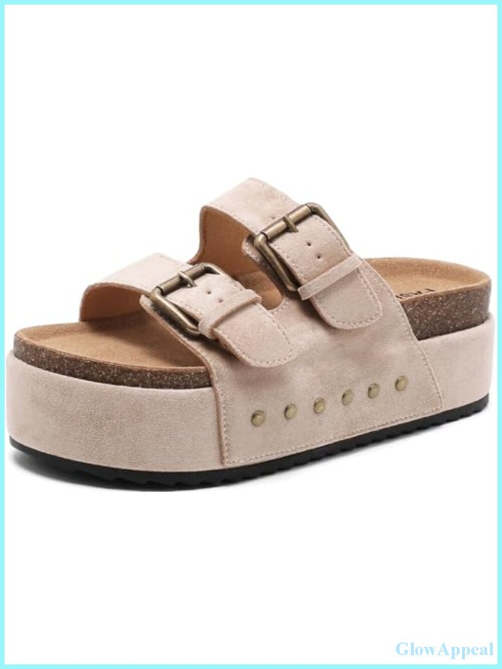 Women's Platform Sandals Cork Footbed Slides Double Buckles